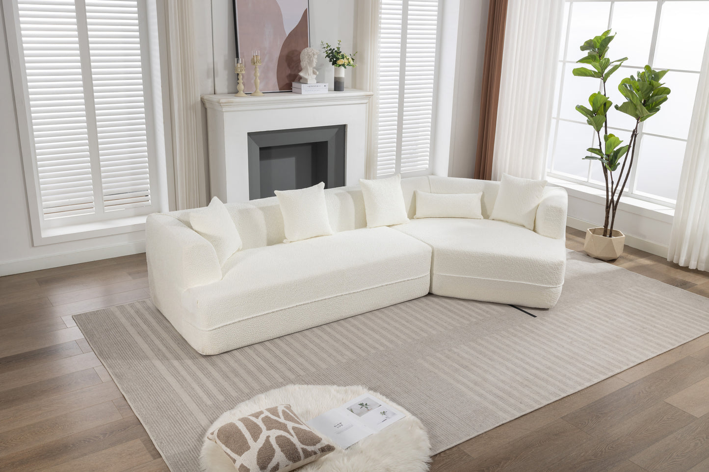 Modular Sectional Modern Minimalist Boucle Sofa, White or Beige 125" - Revel Sofa 