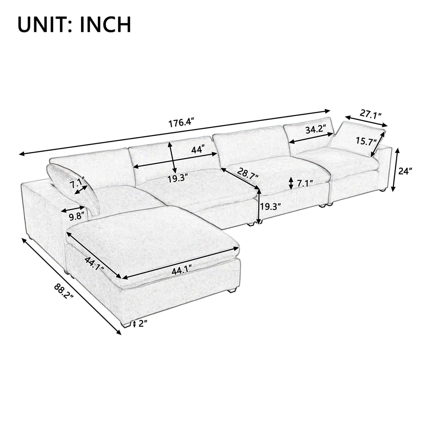 Large Modular 5 Seat Sectional Cloud Sofa with Ottoman, Beige or Gray (176")