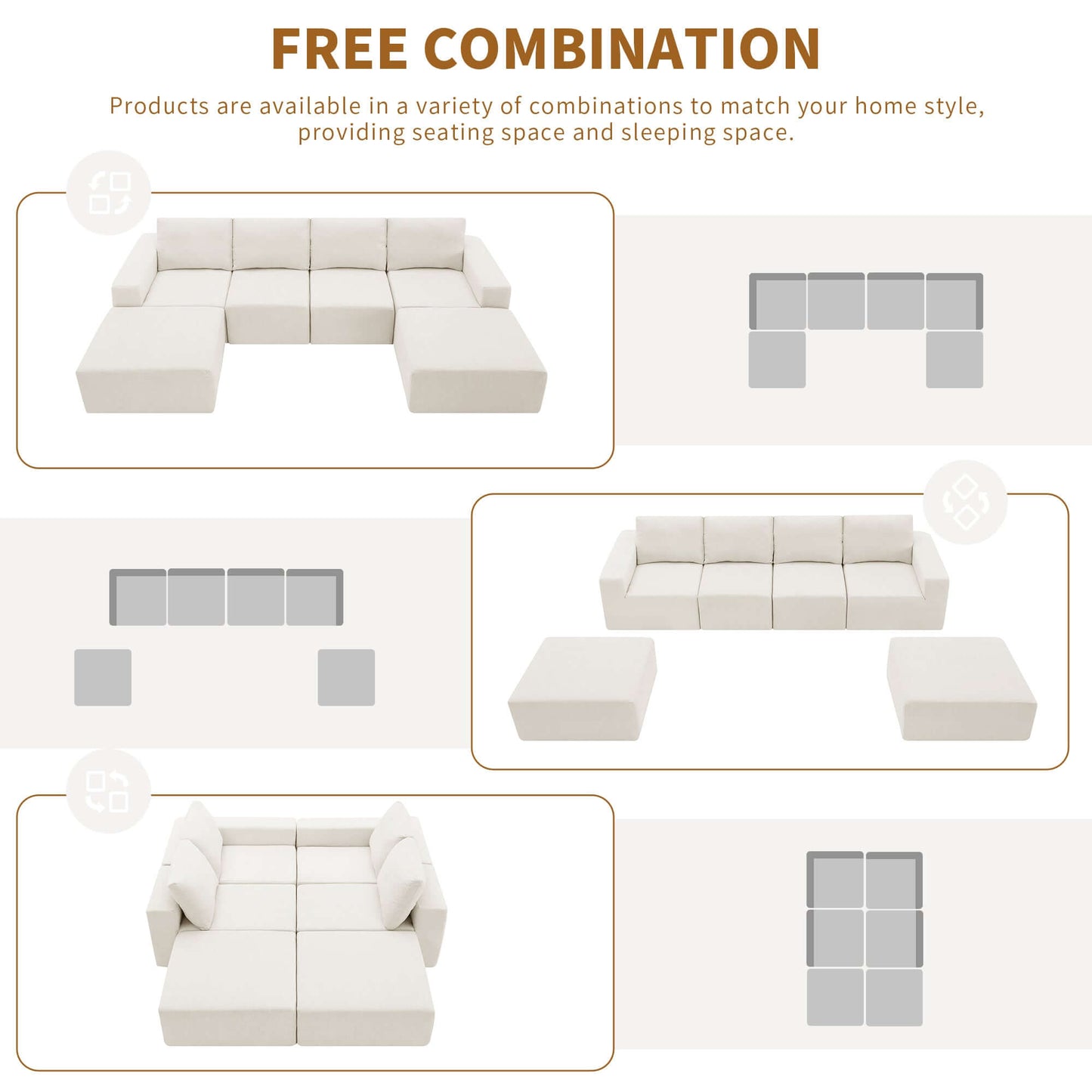 Modular U Shape Dual Chaise Chenille Fabric Sectional Sofa in different layout configurations showing versatile seating options