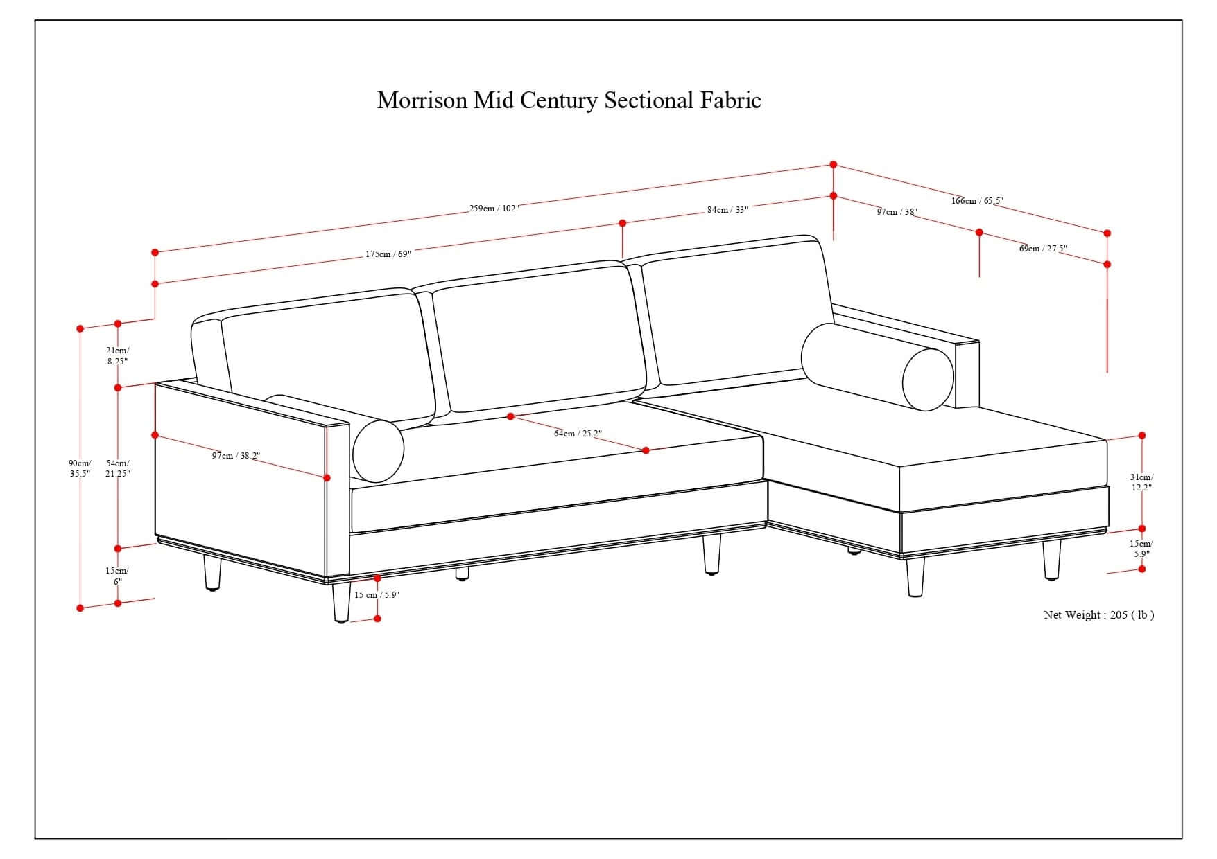 Morrison MCM Right Facing Chaise Sectional Sofa, Mist Gray 102" - Revel Sofa 