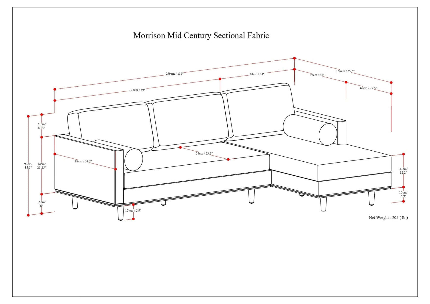 Morrison MCM Right Facing Chaise Sectional Sofa, Mist Gray 102" - Revel Sofa 