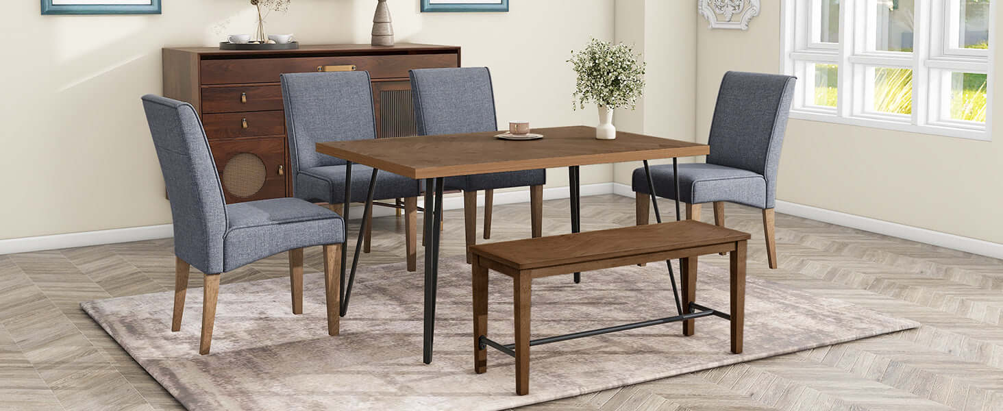 Modern Wood Dining Table Set 6 Pc: Table + 4 Upholstered Chairs + 1 Bench - Revel Sofa 