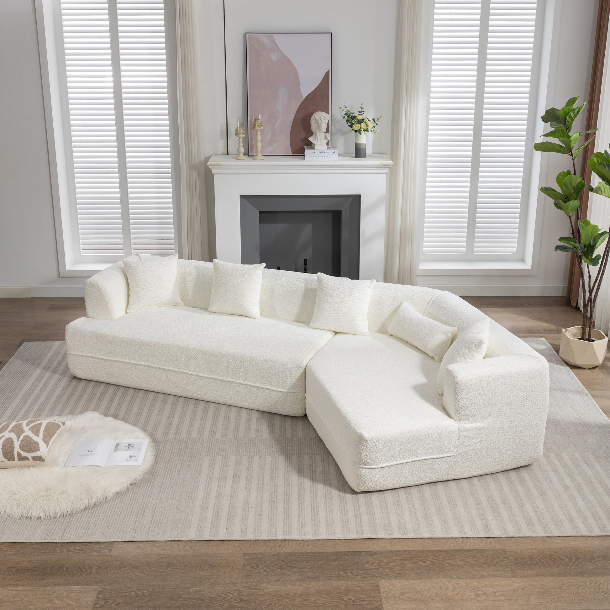 Modular Sectional Modern Minimalist Boucle Sofa, White or Beige 125" - Revel Sofa 