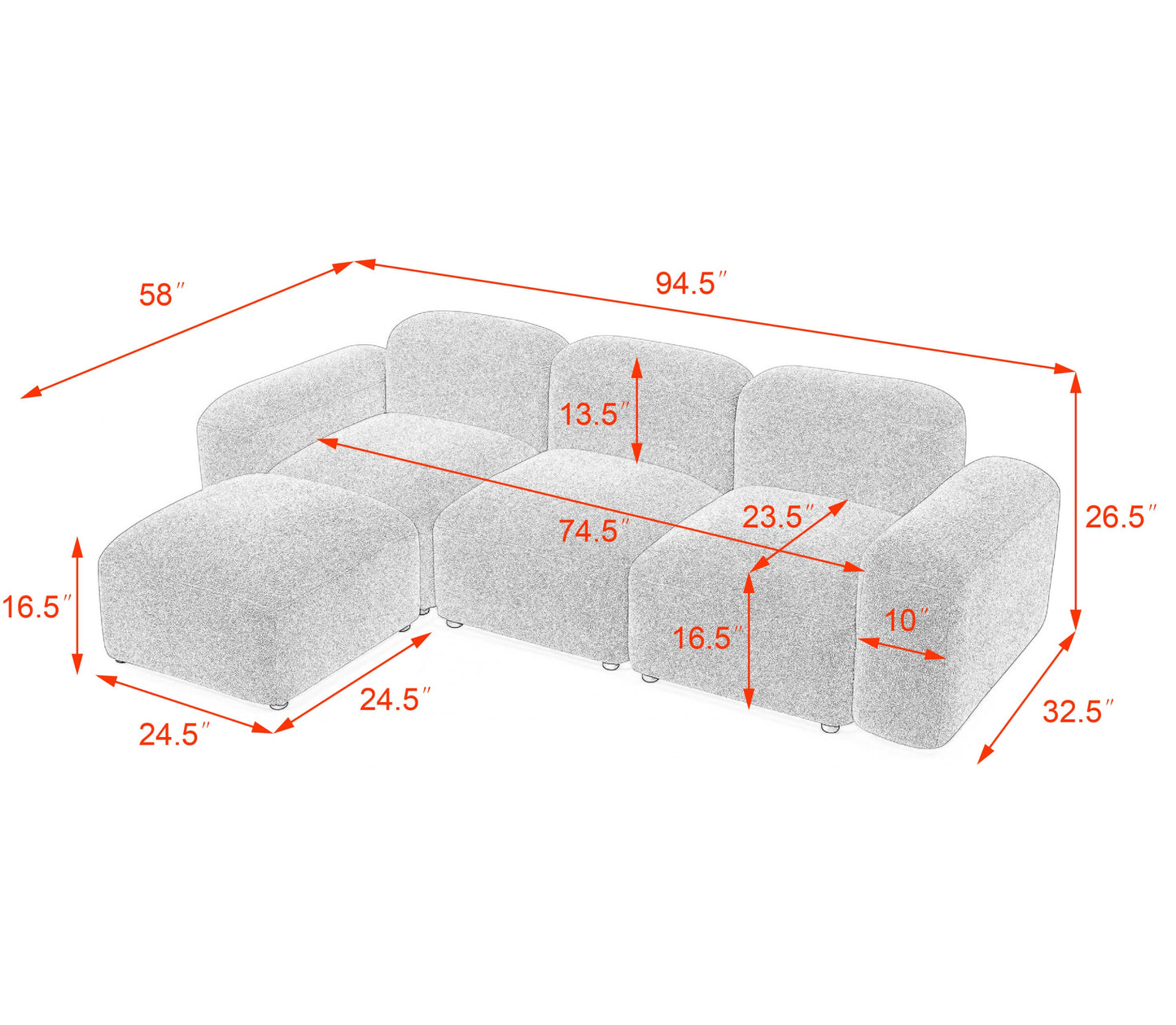 Contemporary Modular Sectional Sofa in Teddy Fabric with Ottoman (4pc) 95" - Revel Sofa 