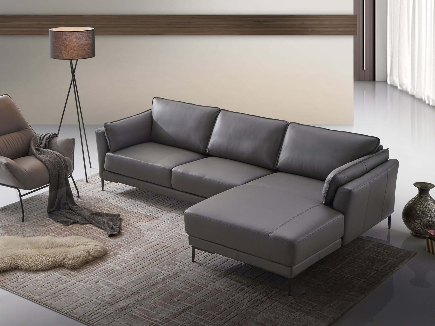 Meka Top Grain Gray Leather Sectional RF Chaise Sofa - Revel Sofa 