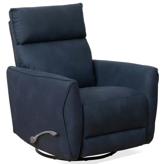 Midnight blue Carson swivel glider recliner chair with linen fabric upholstery and solid wood frame, featuring a smooth gliding mechanism.