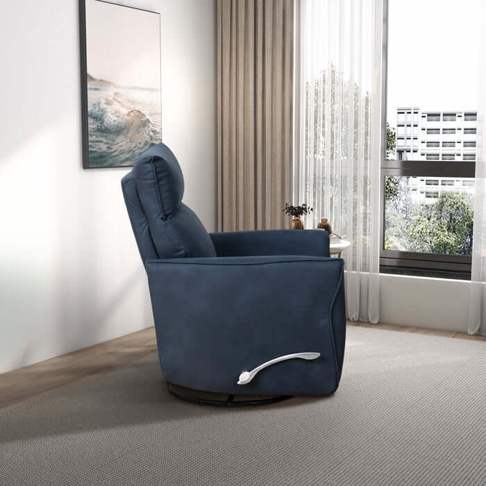 Midnight Blue Carson Swivel Glider Recliner Chair in modern living room setting