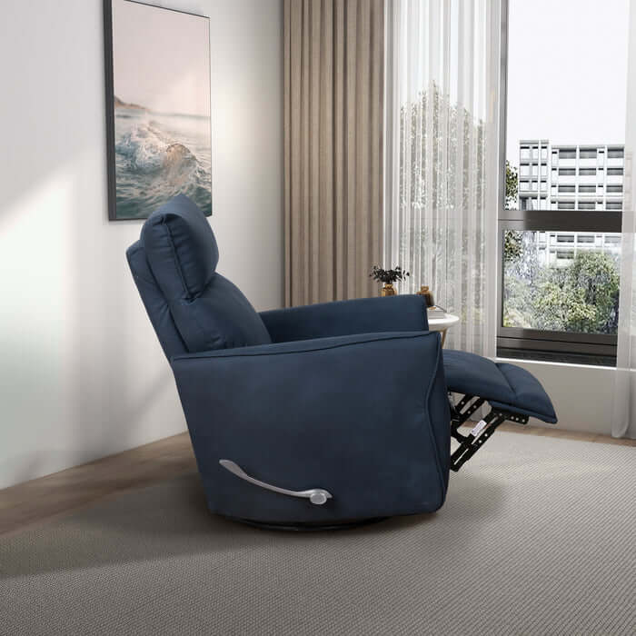 Midnight blue Carson swivel glider recliner chair in room with modern decor and natural light.