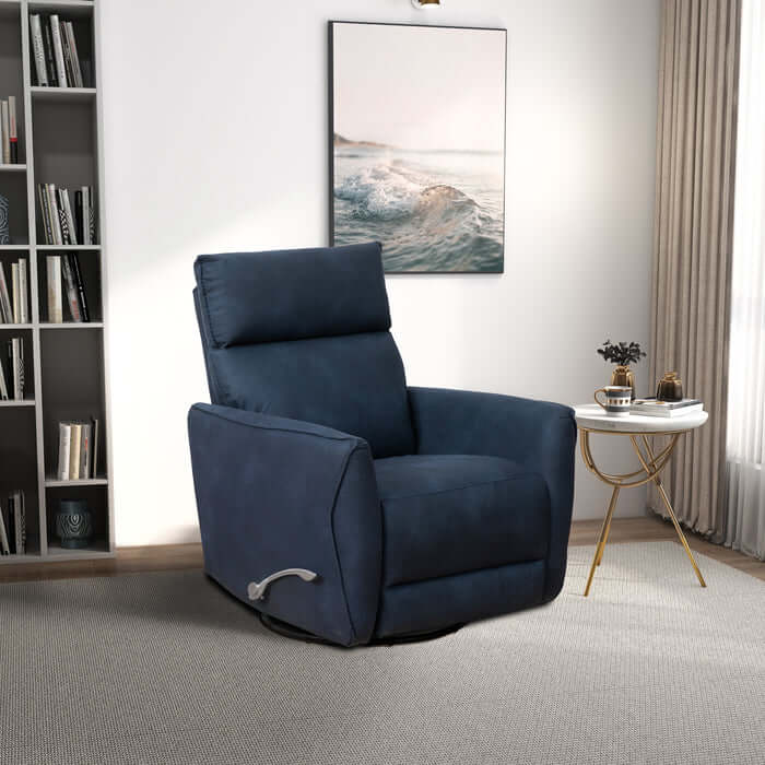 Midnight Blue Carson Swivel Glider Recliner Chair in stylish living room setting.