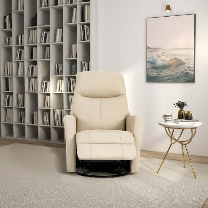 Ivory leather Harlow Swivel Glider Recliner Chair in modern living room setting with bookshelf and side table.