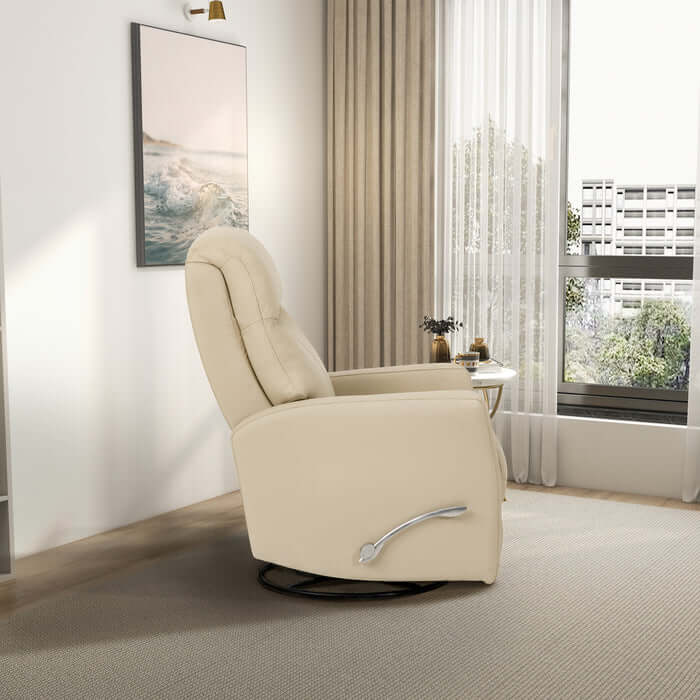 Ivory leather Harlow Swivel Glider Recliner Chair in modern living room setting