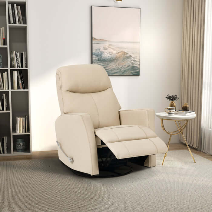 Ivory top grain leather Harlow Swivel Glider Recliner Chair in a modern living room setting, showcasing its reclining and gliding features.