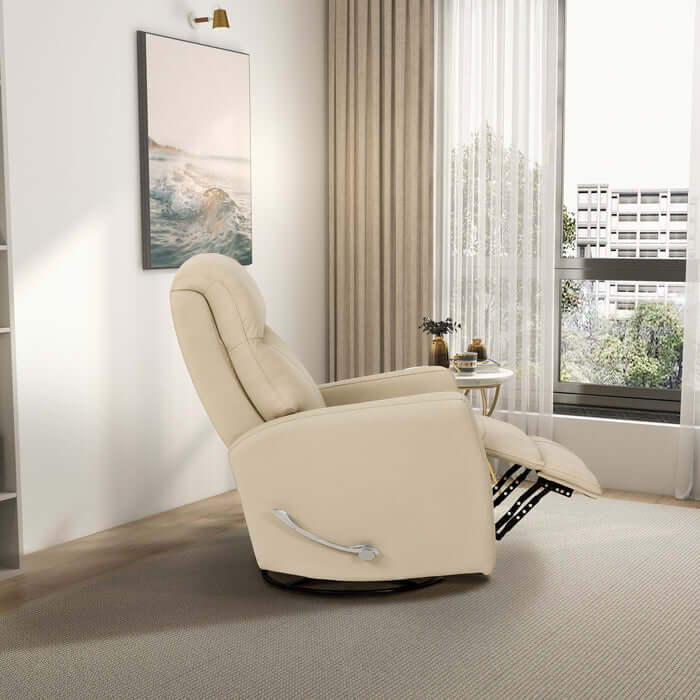 Harlow Swivel Glider Recliner Chair in Ivory Top Grain Leather in modern living room setting