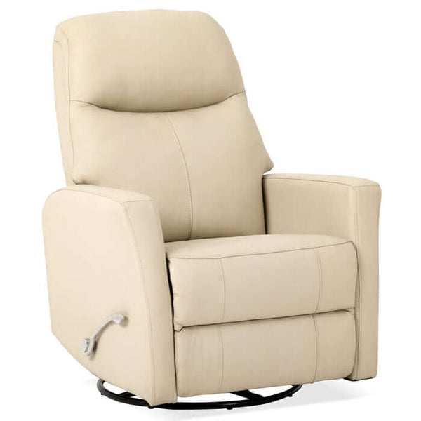 Harlow Swivel Glider Recliner Chair in Ivory Top Grain Leather with modern design and smooth reclining mechanism