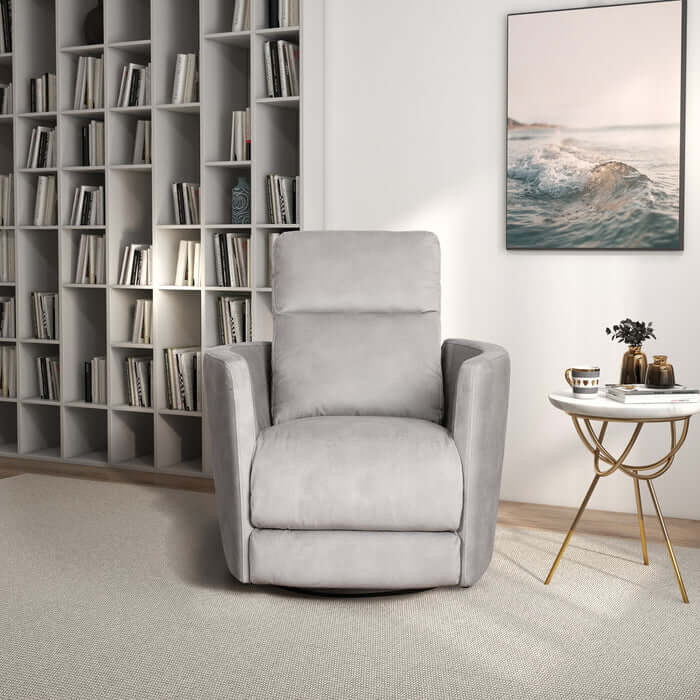 Gray Lawson Swivel Glider Recliner Chair in modern living room setting