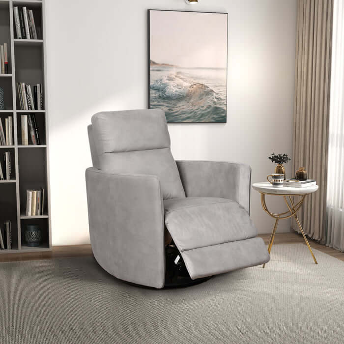 Gray Lawson Swivel Glider Recliner Chair in modern living room setting with stylish decor and artwork.