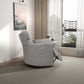 Lawson Swivel Glider Recliner Chair in gray linen, side view in modern living room setting.