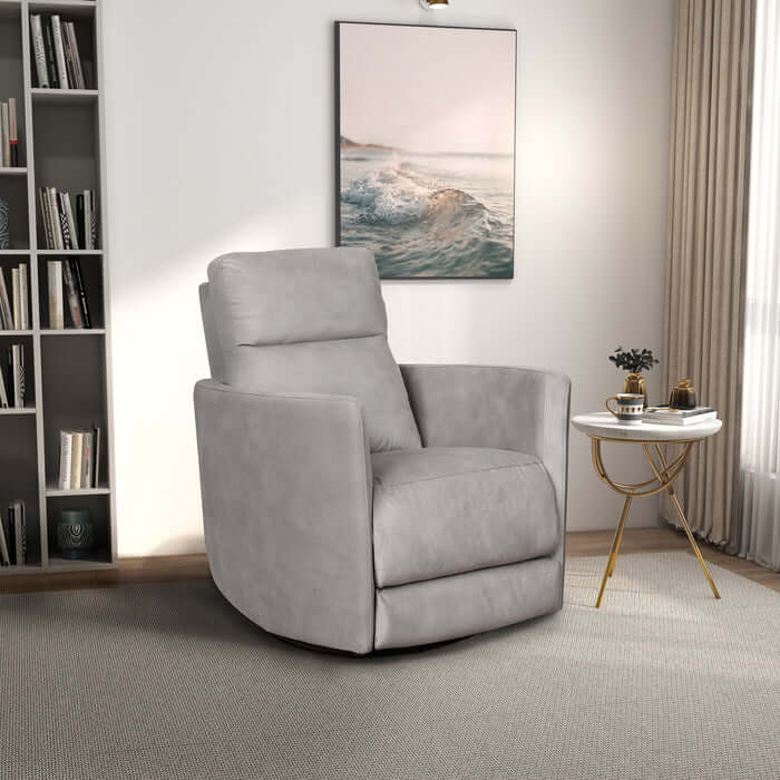 Gray Lawson Swivel Glider Recliner Chair in modern living room setting