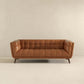 Addison MCM styled tufted tan leather sofa couch with solid wood frame and legs, 84" mid-century modern design.