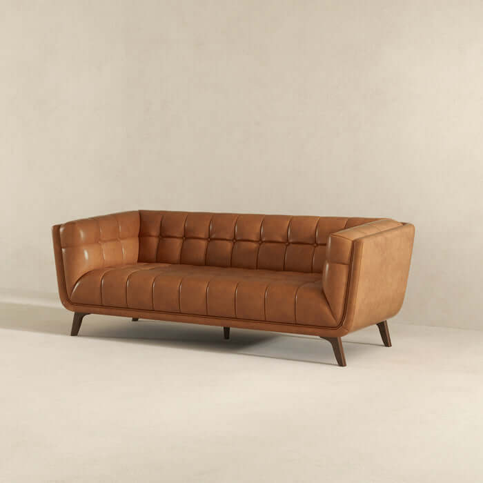 Addison MCM Styled Tufted Tan Leather Sofa Couch 84" with solid wood frame and legs for mid-century modern living spaces