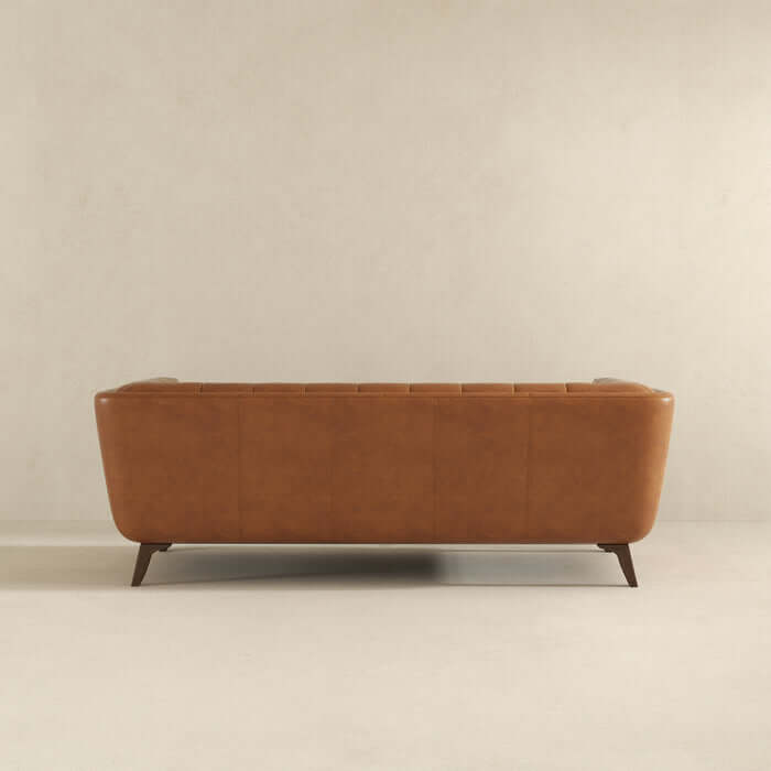 Back view of Addison MCM Styled Tufted Tan Leather Sofa Couch with solid wood legs