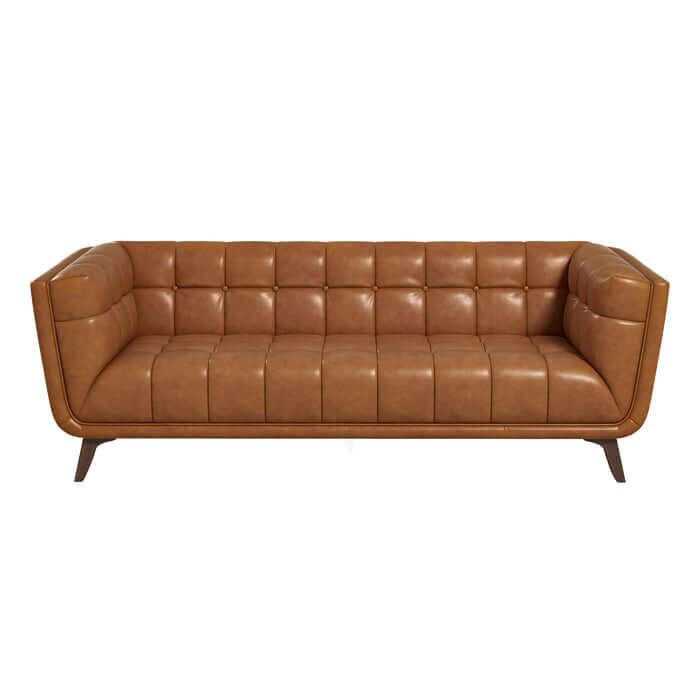 Addison MCM Styled Tufted Tan Leather Sofa Couch 84" with solid wood frame and legs, perfect for any mid-century modern living space.