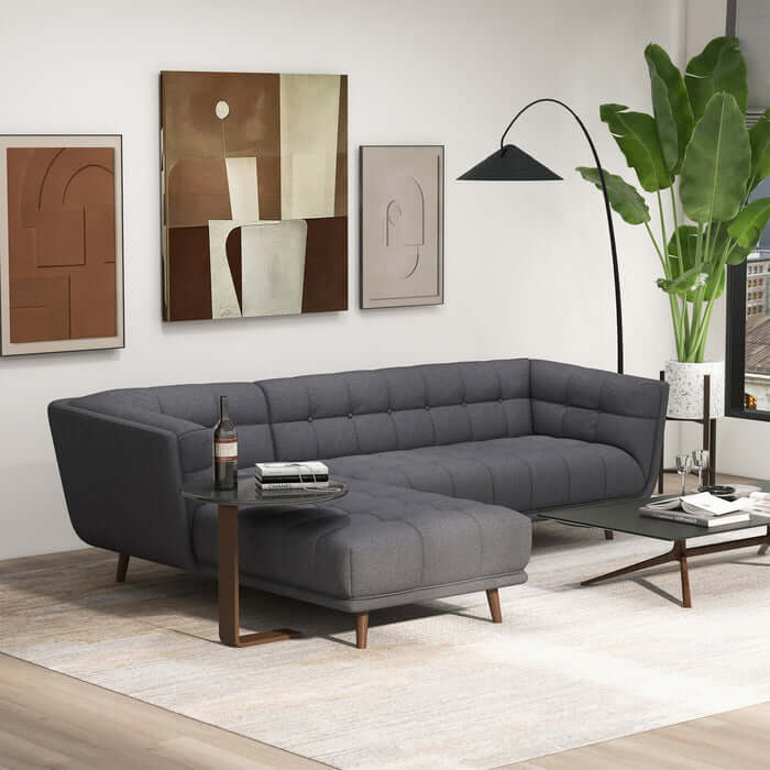 Addison L-Shape Tufted Fabric Sectional Chaise Sofa 102.5" in modern living room with gray upholstery and walnut legs