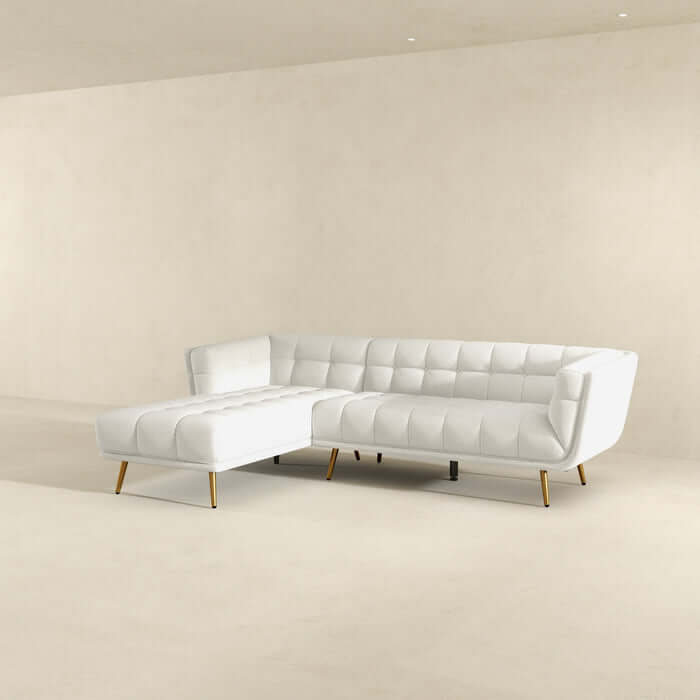 Addison L-Shape Tufted Fabric Sectional Chaise Sofa with High-Density Foam and Walnut Legs in white.