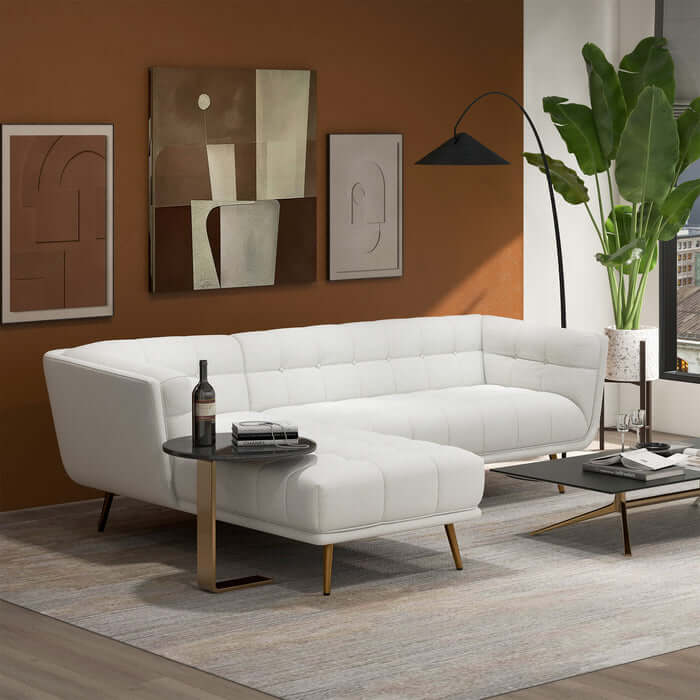 Addison L-Shape Tufted Fabric Sectional Chaise Sofa with Solid Walnut Legs in Modern Living Room