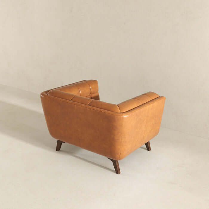 Addison MCM Styled Tufted Leather Lounge Chair Back View in Tan with Mid-Century Modern Design and Clean Lines