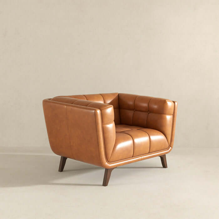 Addison MCM Styled Tufted Leather Lounge Chair with mid-century modern design in tan leather