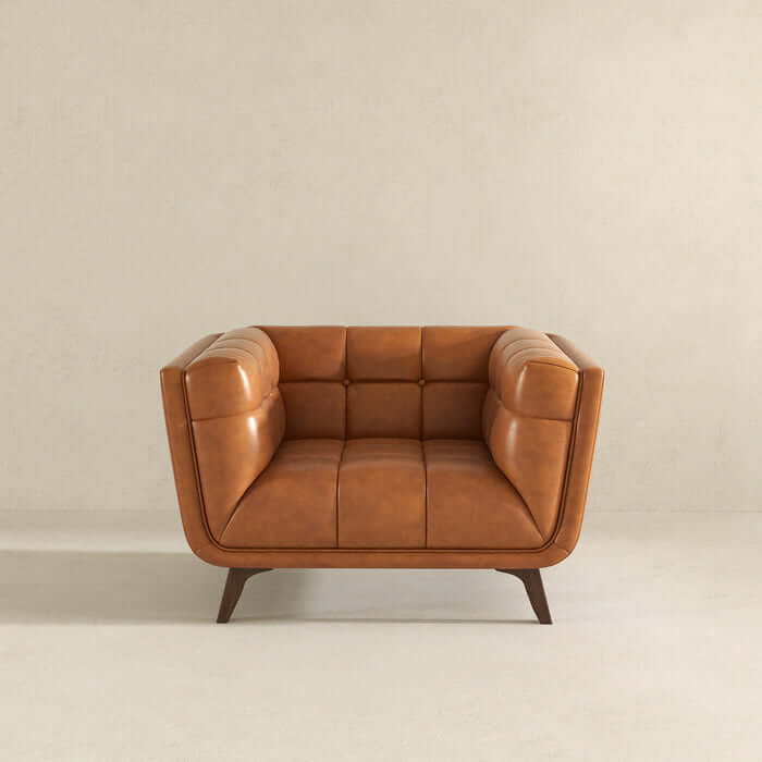 Addison MCM Styled Tufted Leather Lounge Chair showcasing mid-century modern design with clean lines and tufted details.