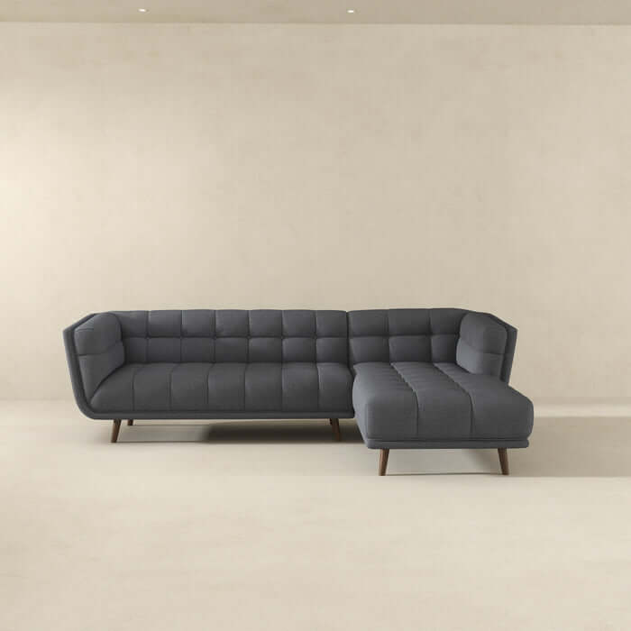 Addison L-Shape Tufted Fabric Sectional Chaise Sofa with High-Density Foam Cushions and Solid Wood Walnut Legs in Elegant Gray.