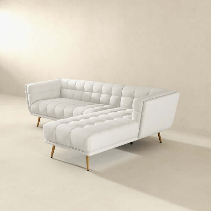 Addison L-Shape Tufted Fabric Sectional Chaise Sofa with High-Density Foam Cushions and Solid Wood Walnut Legs in a Neutral Room Setting