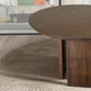 Alden Round Solid Walnut Wood Dining Table with Pedestal Base on patterned rug