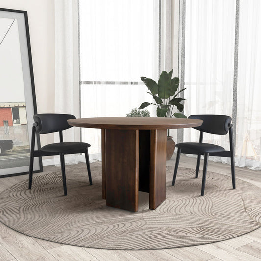 Alden Round Solid Walnut Wood Dining Table 47" with black chairs in a modern dining room setting