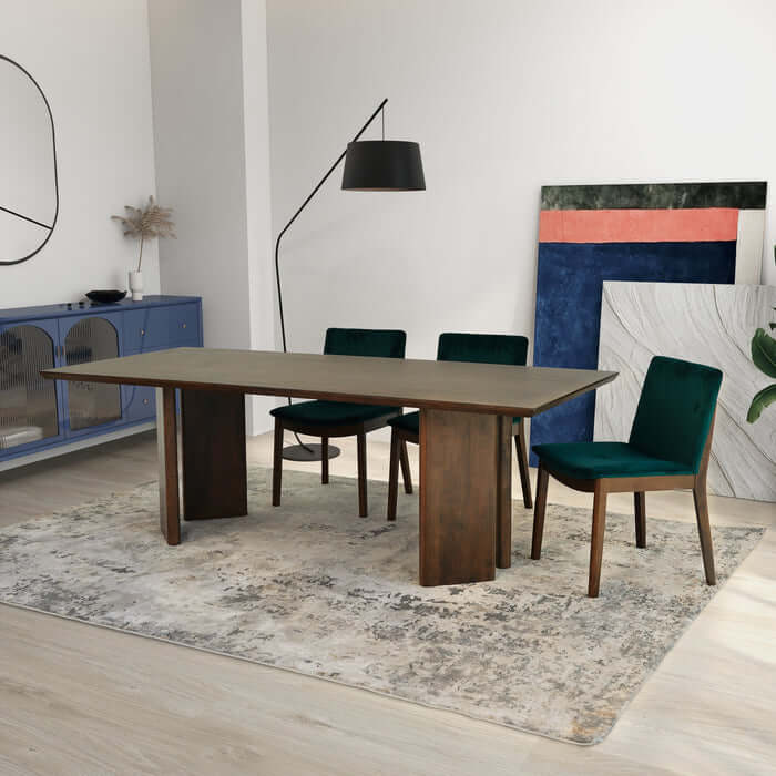 Alden Solid Walnut Wood Rectangular Dining Table 86" in a modern dining room with green chairs and a contemporary decor setup.