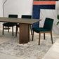 Alden Solid Walnut Wood Rectangular Dining Table 86" with green chairs in modern dining room