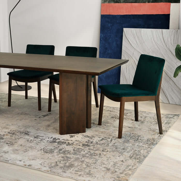 Alden Solid Walnut Wood Rectangular Dining Table 86" with green chairs in modern dining room