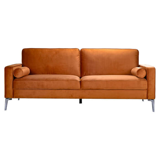 Axten MCM Orange Velvet Sofa 77" with detachable boxed arm design and plush velvet upholstery for a luxurious mid-century modern living space.