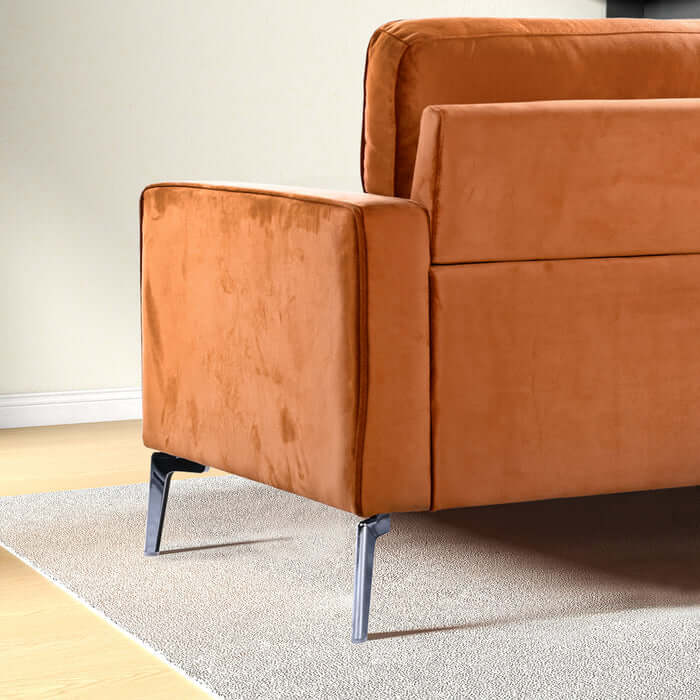 Side view of Axten MCM Orange Velvet Sofa showing detachable boxed arm design and plush upholstery.