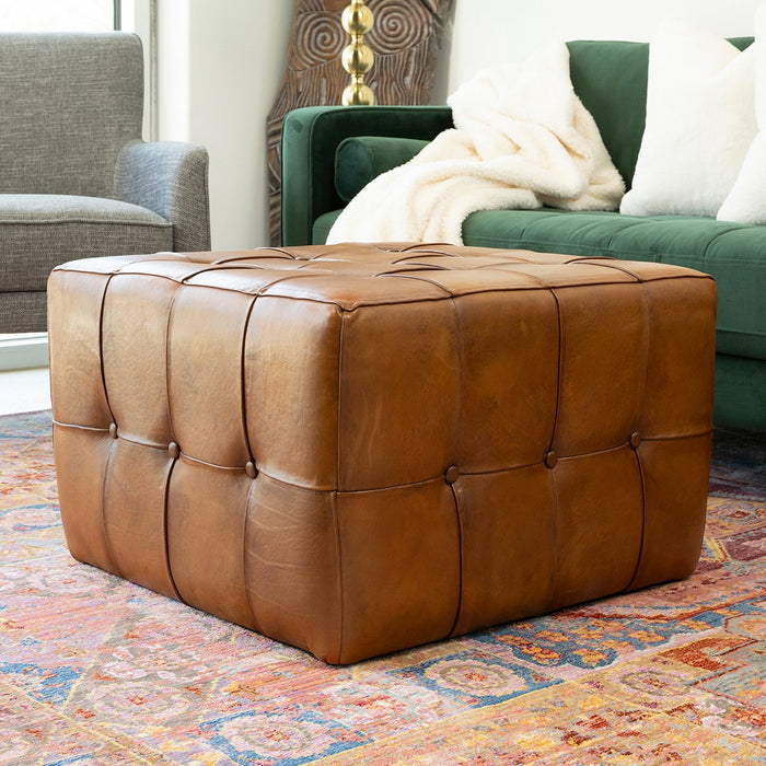 Benjiro Button Tufted Square Leather Ottoman 27"