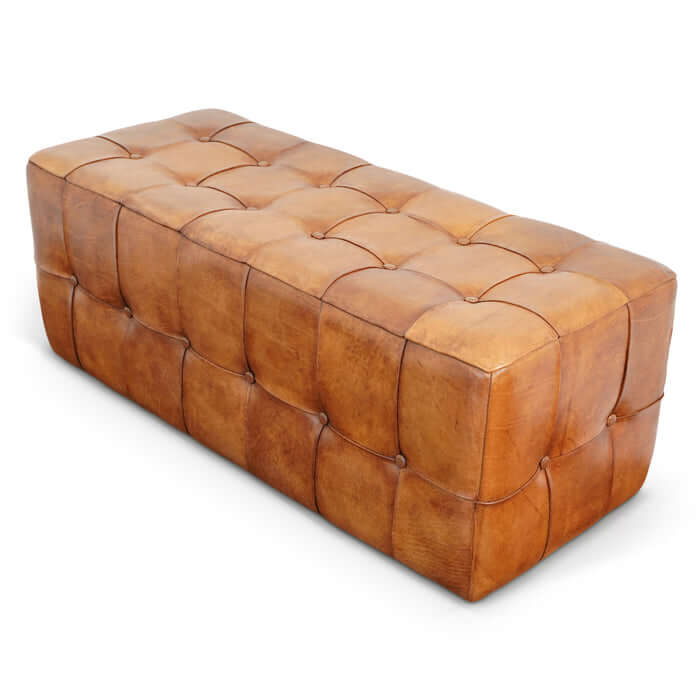 Benjiro Button Tufted Rectangular Leather Ottoman 47" featuring luxurious brown genuine leather and solid wood frame in mid-century modern design