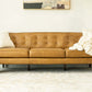 Braxton MCM Tan Genuine Leather Button Tufted Sofa (88") in mid-century modern living room setup.