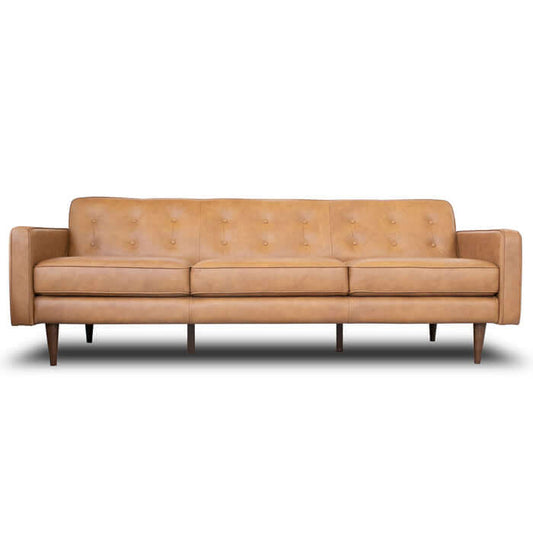 Braxton MCM Tan Genuine Leather Button Tufted Sofa (88") - Mid-Century Modern Design - High-Density Foam Cushioning