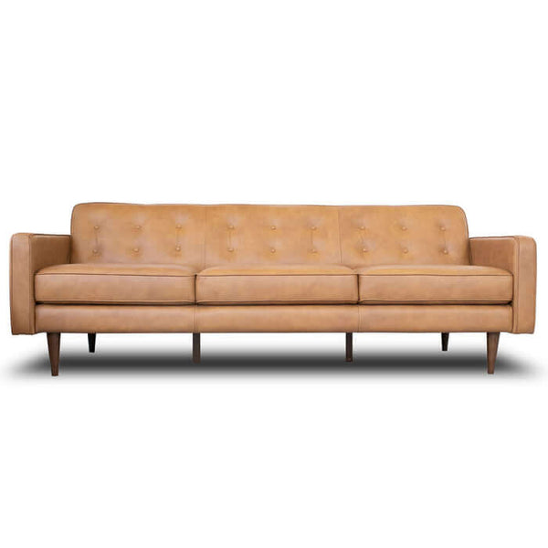 Braxton MCM Tan Genuine Leather Button Tufted Sofa (88) - Mid-Century Modern Design - High-Density Foam Cushioning