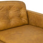 Close-up of Braxton MCM Tan Genuine Leather Button Tufted Sofa showing detailed craftsmanship and premium leather quality.