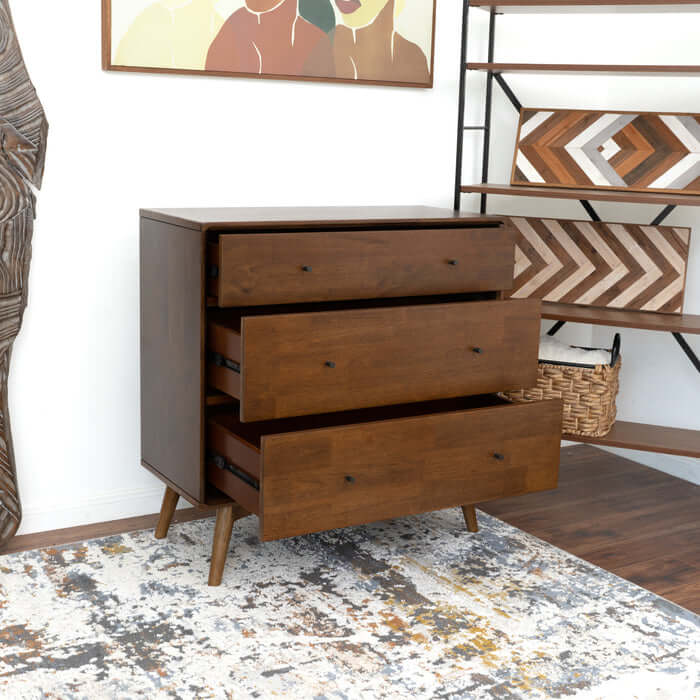 Caroline MCM solid wood 3-drawer dresser in a modern bedroom, showcasing open drawers for ample storage space, mid-century modern style.