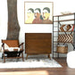 Mid-century modern bedroom featuring Caroline MCM Solid Wood 3-Drawer Dresser, stylish chair, wall art, and decorative shelf