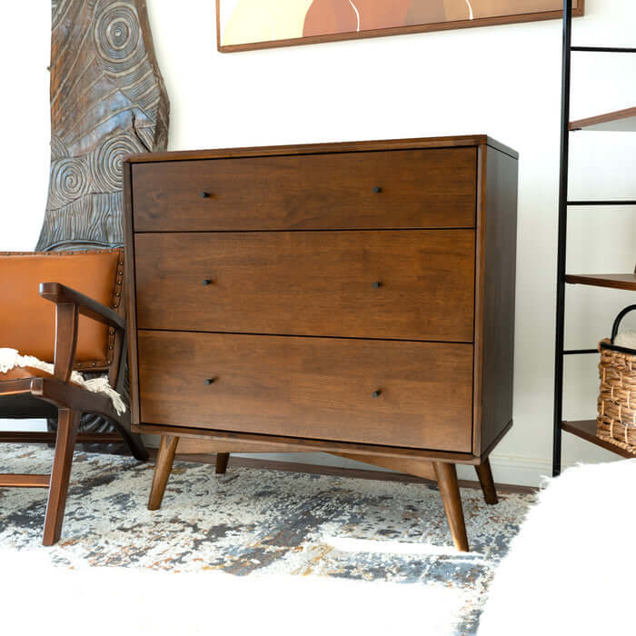 Caroline MCM Solid Wood 3-Drawer Dresser in a mid-century modern room setup